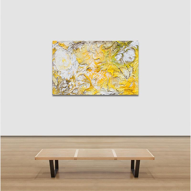 View in a room of an abstract tridimensional painting with reference to nature by Ruggero Vanni. Mainly yellow colors. Title: Horti Solis