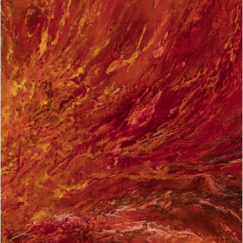 Detail of an abstract painting with reference to nature by Ruggero Vanni. Mainly red, yellow, and brown colors. Title: Dies Irae