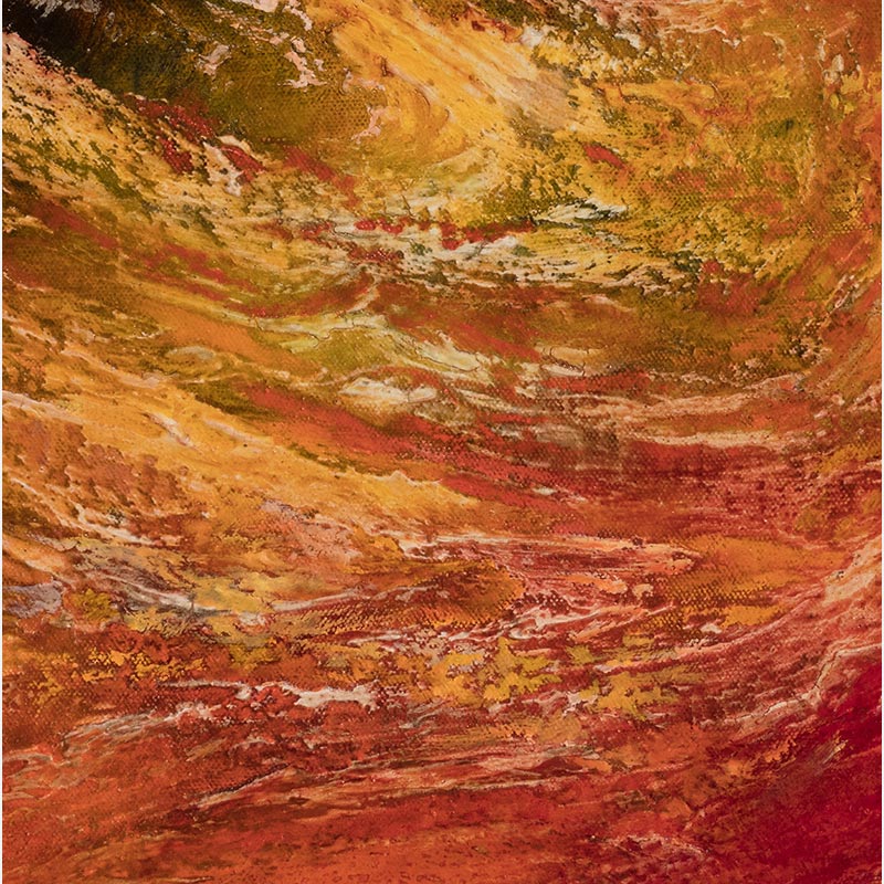 Detail of an abstract painting with reference to nature by Ruggero Vanni. Mainly red, yellow, and brown colors. Title: Dies Irae