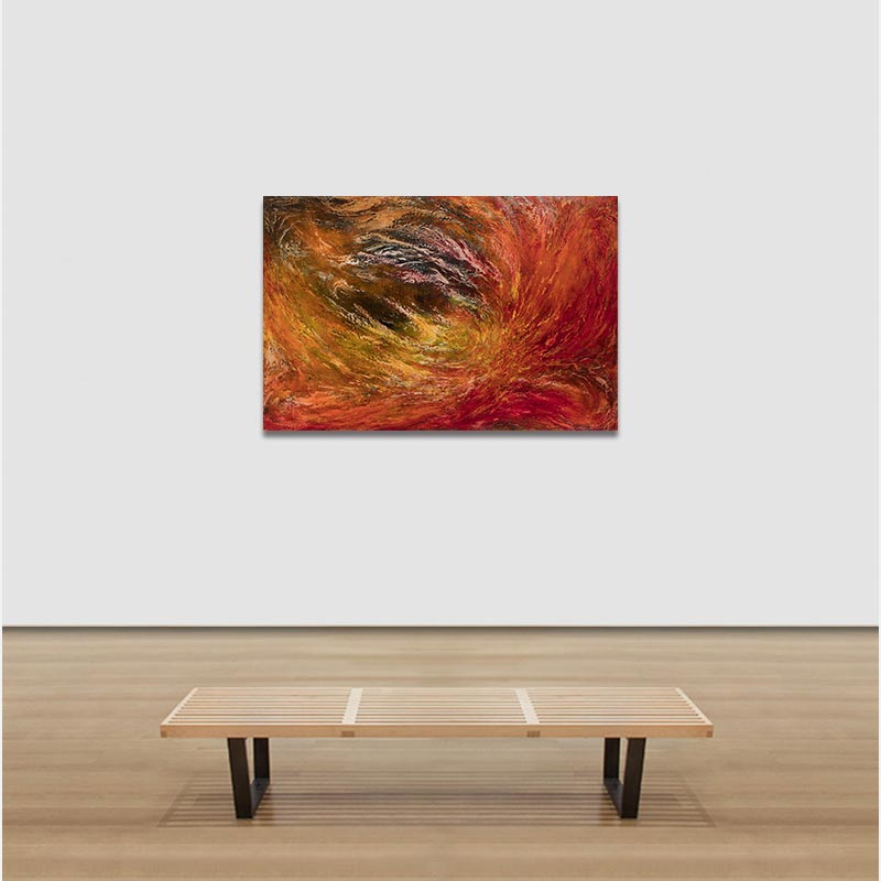 View in a room of an abstract painting with reference to nature by Ruggero Vanni. Mainly red, yellow, and brown colors. Title: Dies Irae