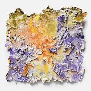 Abstract textural work on paper. Mainly yellow, orange, and purple colors. Title: Solstitium. Link to painting's page with detailed images.