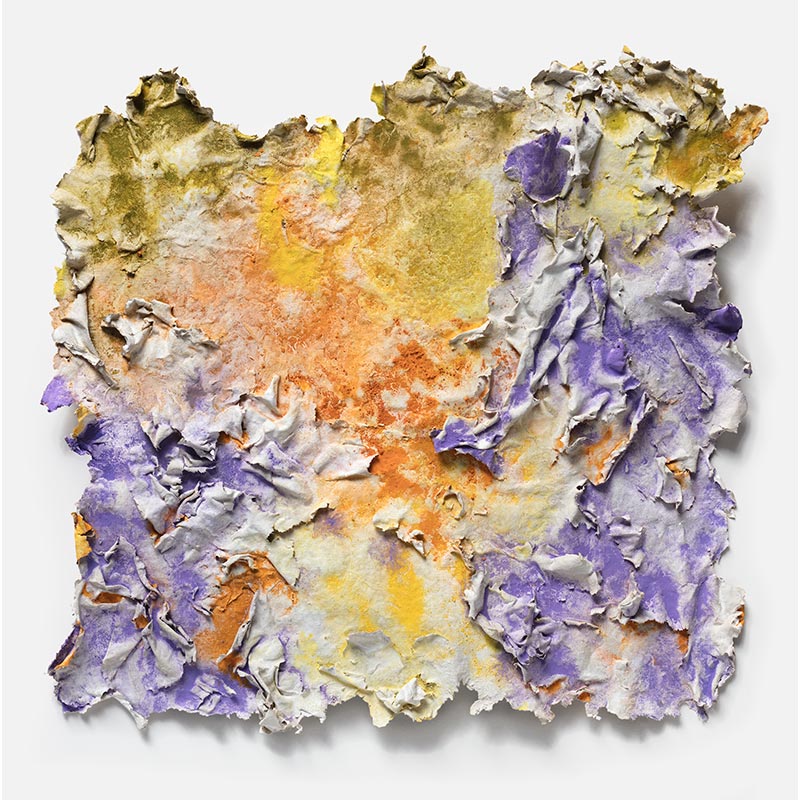 Abstract textural work on paper. Mainly yellow, orange, and purple colors. Title: Solstitium