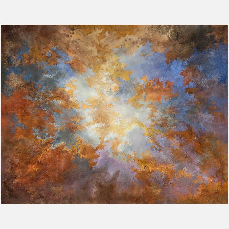 Abstract painting with reference to nature by Ruggero Vanni. Mainly orange, yellow, and brown colors. Title: Into the Light IV