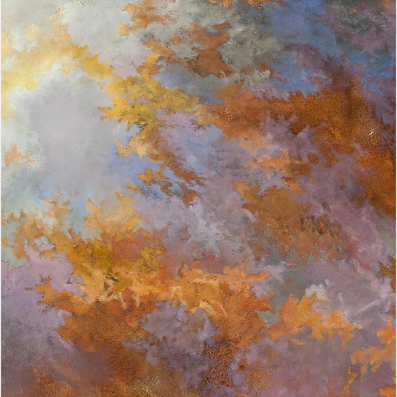 Detail of an abstract painting with reference to nature by Ruggero Vanni. Mainly orange, yellow, and brown colors. Title: Into the Light IV