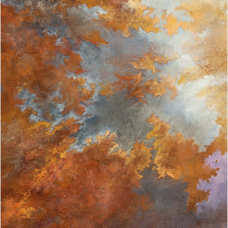 Detail of an abstract painting with reference to nature by Ruggero Vanni. Mainly orange, yellow, and brown colors. Title: Into the Light IV