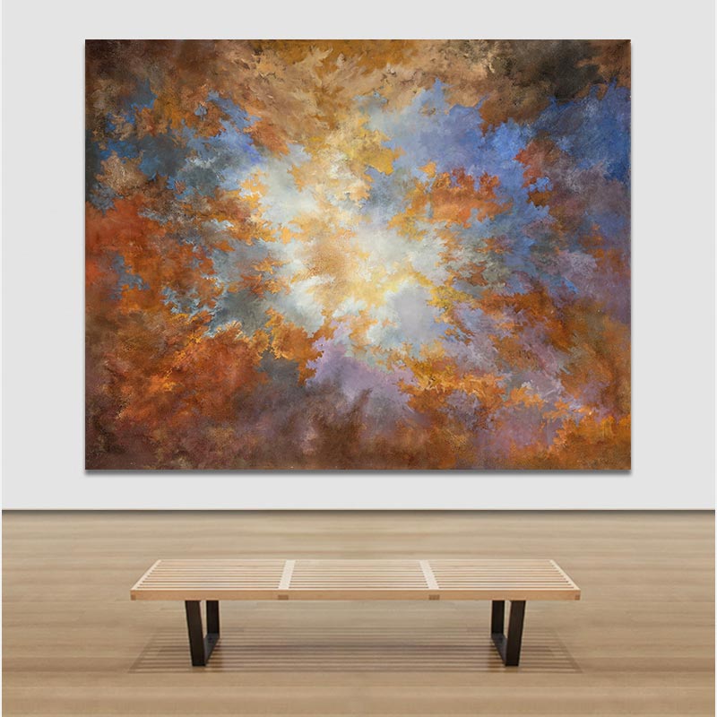 View in a room of an abstract painting with reference to nature by Ruggero Vanni. Mainly orange, yellow, and brown colors. Title: Into the Light IV