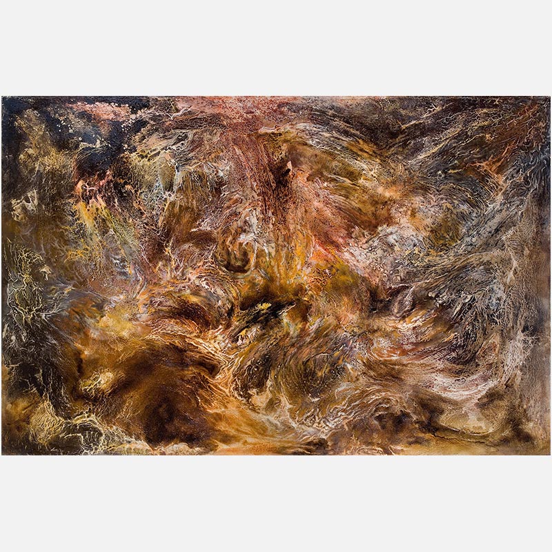 Abstract painting with reference to nature by Ruggero Vanni. Mainly orange, yellow, and brown colors. Title: Radices Chaoi I