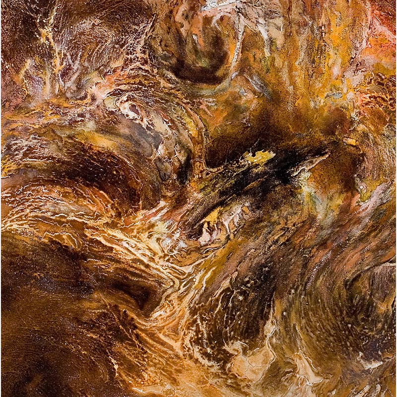 Detail of an abstract painting with reference to nature by Ruggero Vanni. Mainly orange, yellow, and brown colors. Title: Radices Chaoi I