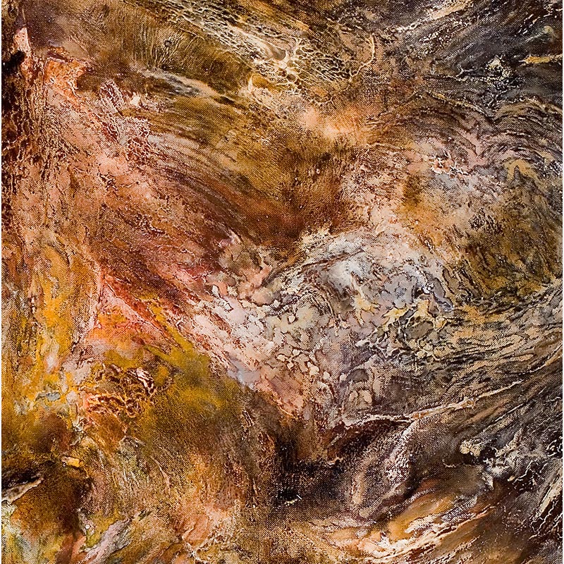 Detail of an abstract painting with reference to nature by Ruggero Vanni. Mainly orange, yellow, and brown colors. Title: Radices Chaoi I