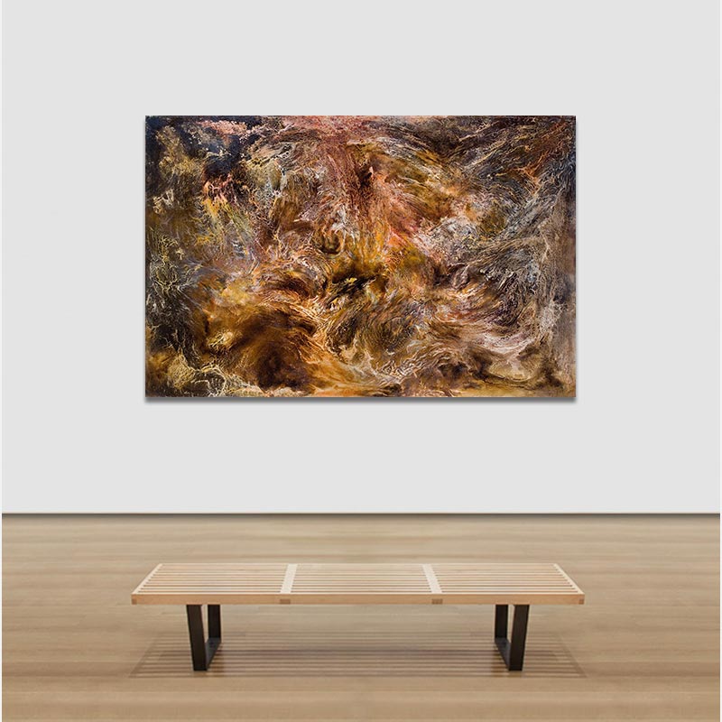View in a room of an abstract painting with reference to nature by Ruggero Vanni. Mainly orange, yellow, and brown colors. Title: Radices Chaoi I