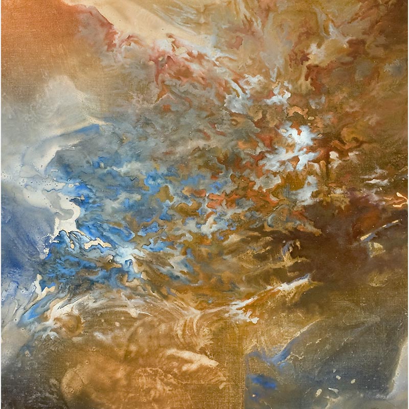 Detail of an abstract painting with reference to nature by Ruggero Vanni. Mainly ochre, blue, and brown colors. Title: Aditus Caeli I