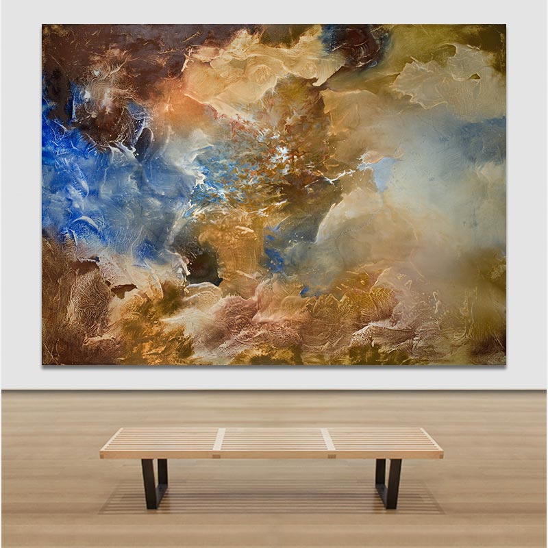 View in a room of an abstract painting with reference to nature by Ruggero Vanni. Mainly ochre, blue, and brown colors. Title: Aditus Caeli I