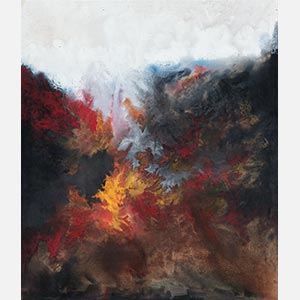 Abstract painting with reference to nature by Ruggero Vanni. Mainly red, yellow, and black colors. Title: Combustion. Link to painting's page with detailed images.