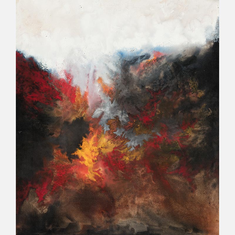 Abstract painting with reference to nature by Ruggero Vanni. Mainly red, yellow, and black colors. Title: Combustion