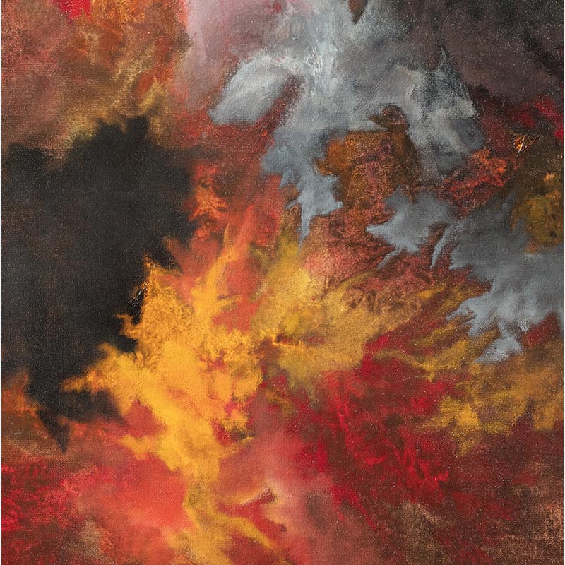 Detail of an abstract painting with reference to nature by Ruggero Vanni. Mainly red, yellow, and black colors. Title: Combustion