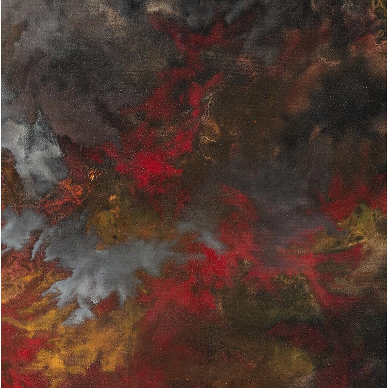 Detail of an abstract painting with reference to nature by Ruggero Vanni. Mainly red, yellow, and black colors. Title: Combustion