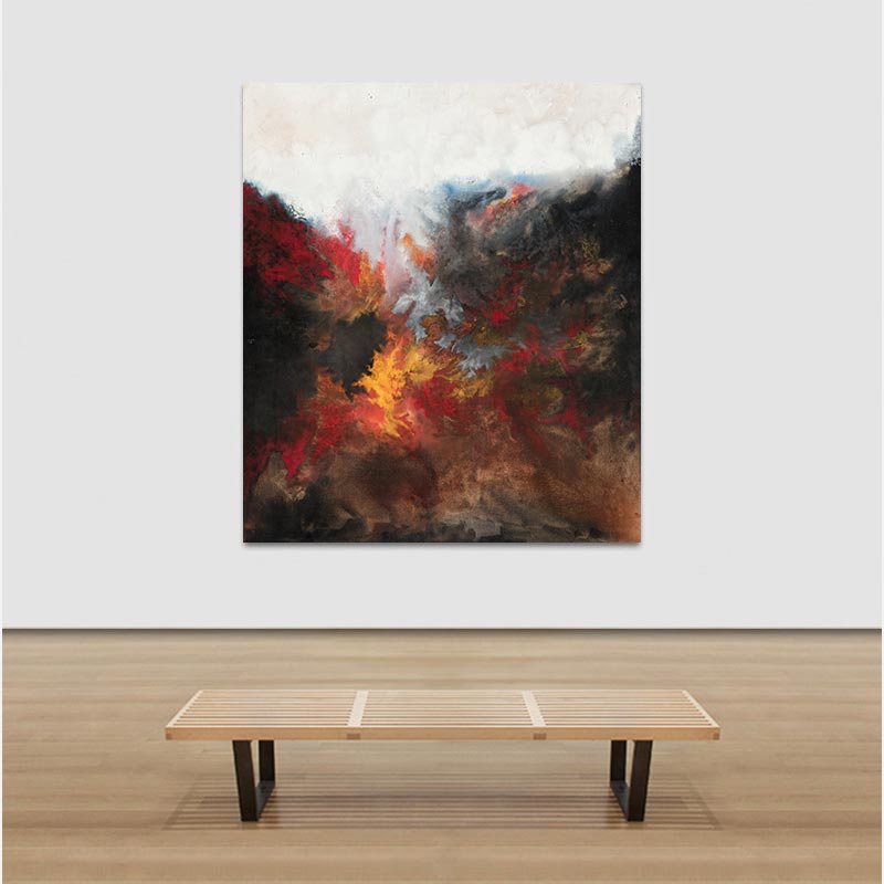 View in a room of an abstract painting with reference to nature by Ruggero Vanni. Mainly red, yellow, and black colors. Title: Combustion
