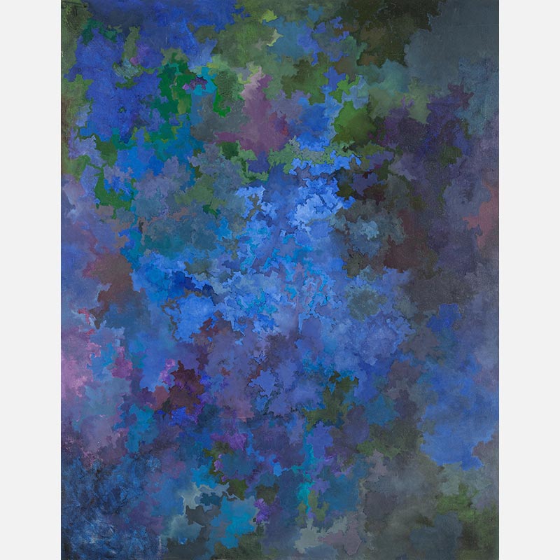 Abstract painting with reference to nature by Ruggero Vanni. Mainly blue, green, and purple colors. Title: In the Cold Light I
