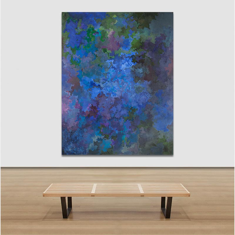 View in a room of an abstract painting with reference to nature by Ruggero Vanni. Mainly blue, green, and purple colors. Title: In the Cold Light I