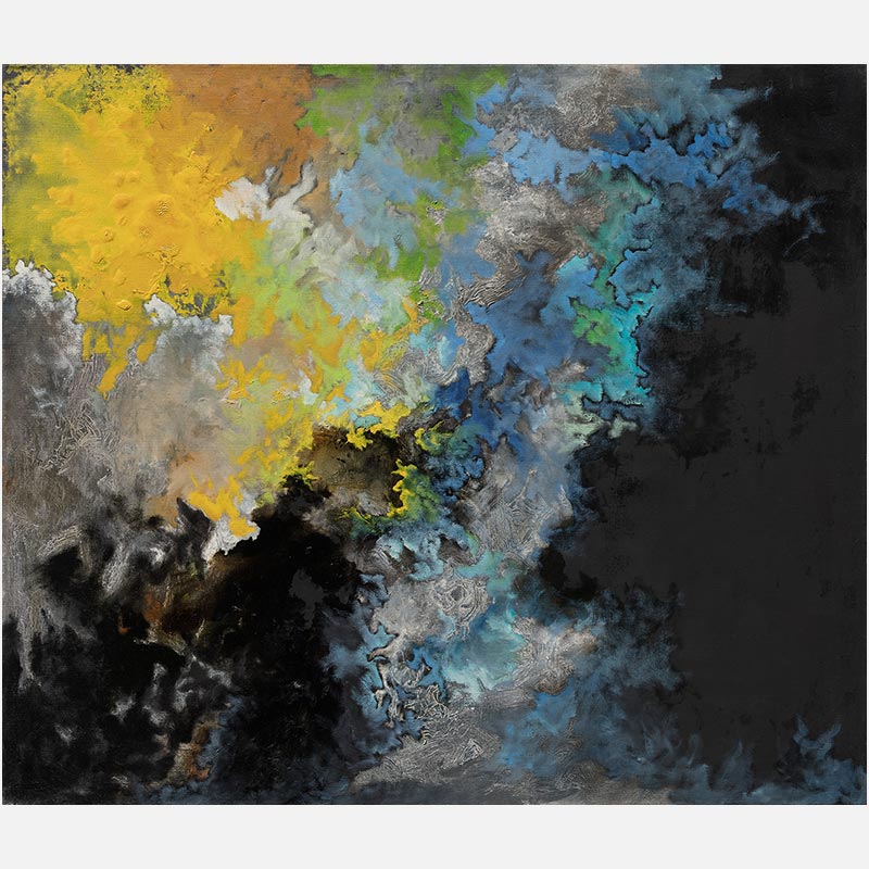 Abstract painting with reference to nature by Ruggero Vanni. Mainly blue, yellow, and black colors. Title: Glaciatus Ignis