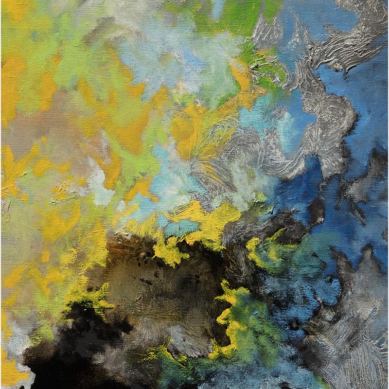 Detail of an abstract painting with reference to nature by Ruggero Vanni. Mainly blue, yellow, and black colors. Title: Glaciatus Ignis