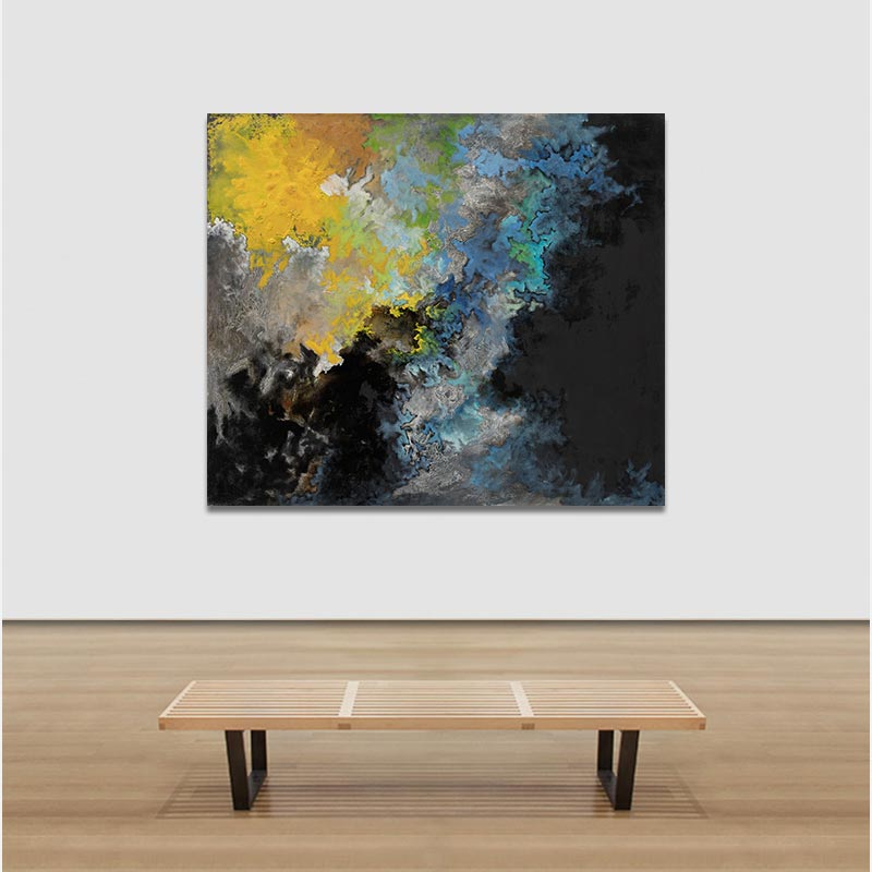 View in a room of an abstract painting with reference to nature by Ruggero Vanni. Mainly blue, yellow, and black colors. Title: Glaciatus Ignis