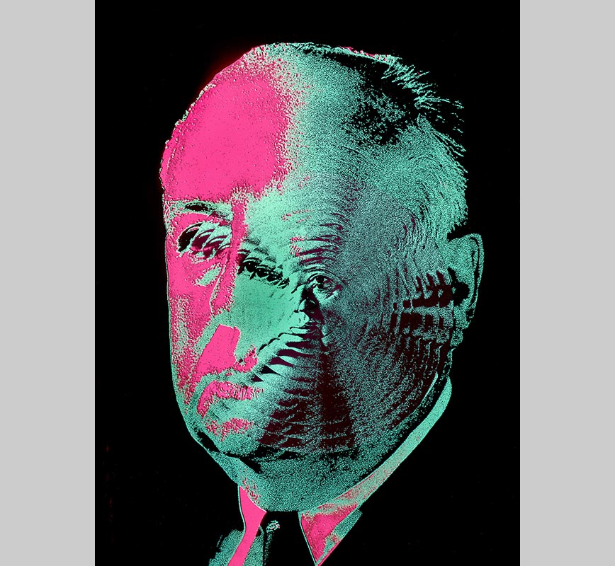 Darkroom-based artistic transformation of an Alfred Hitchcock iconic depiction. Limited edition print. Title: Alfred Hitchcock, 1960s