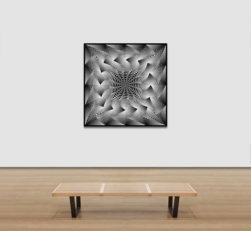 View in a room of an Abstract Op Art limited edition print into a circle. Title: Untitled, 2023