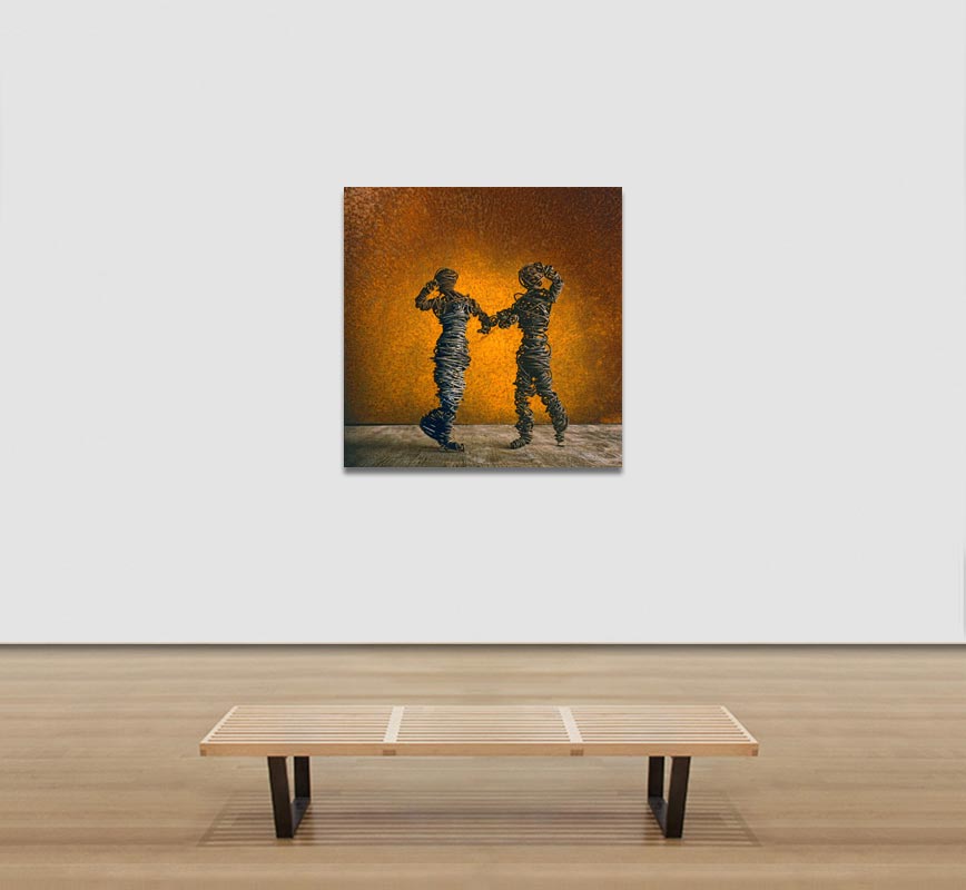 View in a room of a Color Photograph of a wire metal sculpture at the Museo Ettore Guatelli, Ozzano Taro Collecchio, Parma, Italy. Limited edition print. Title: Still Life with Dancing Couple