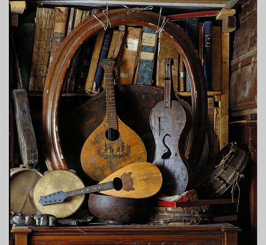 Color Photograph of musical instruments at the Museo Ettore Guatelli, Ozzano Taro Collecchio, Parma, Italy. Limited edition print. Title: Still Life with Musical Instruments