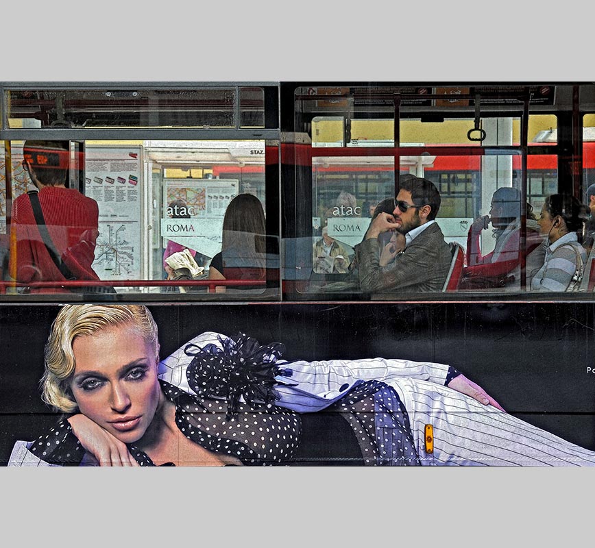 Color Photograph of people on a bus in Rome, Italy. Limited edition print. Title: Waiting for Godot, Rome