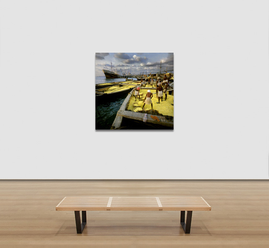 View in a room of a Color Photograph of workers loading sulphur in Cochin, India. Limited edition print. Title: Tropics Before the Engine: Workers shoveling Sulfur, Cochin, India