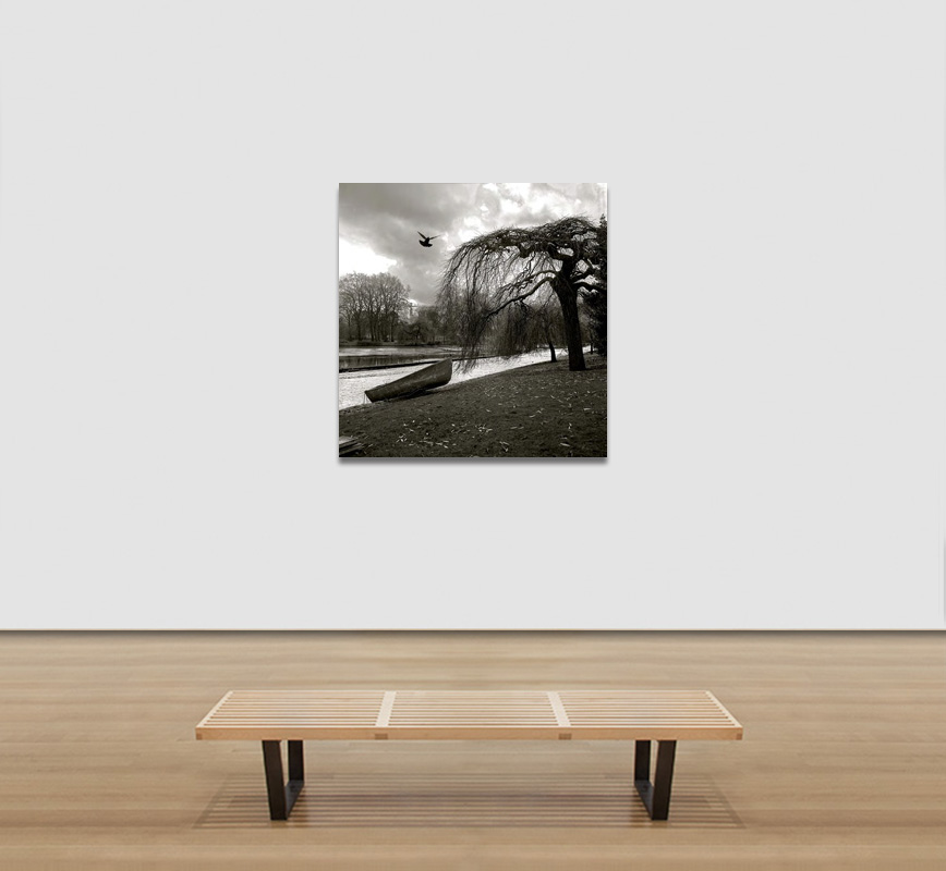 View in a room of a Black and white photograph of a park in London. Limited edition print. Title: Park, London, 1960s