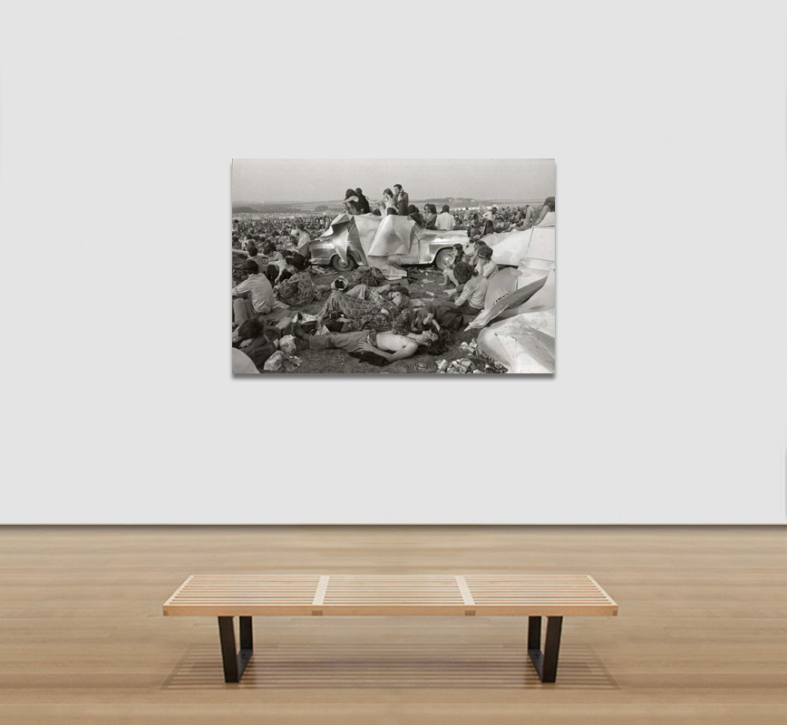 View in a room of a Black and white photograph of hippies camping out during the Isle of Wight 1970 Festival. Limited edition print. Title: Hippies at the Isle of Wight 1970 Festival