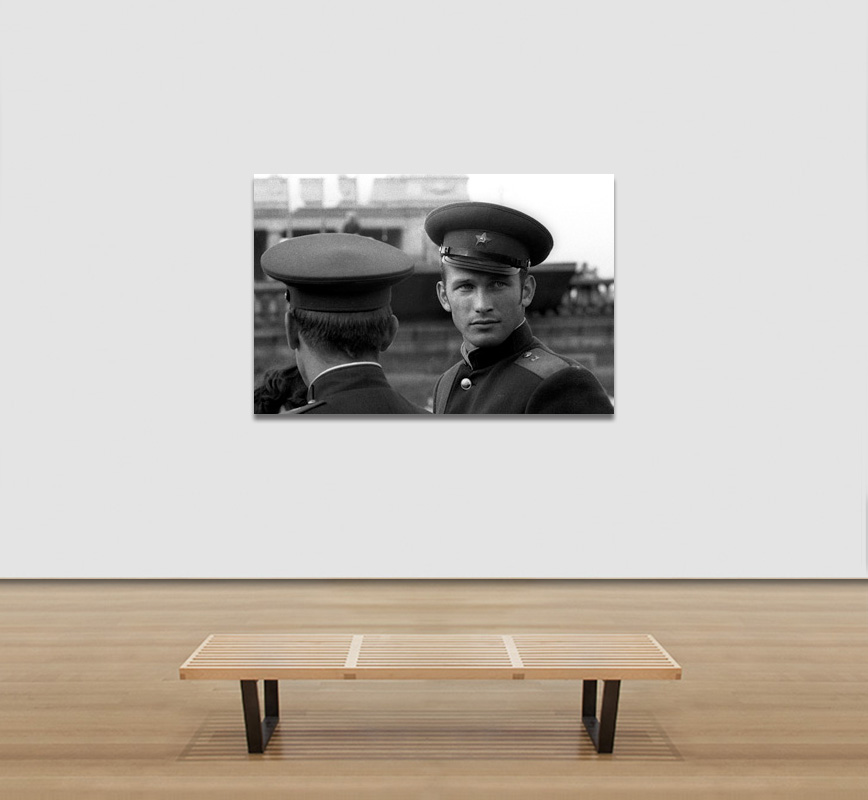 View in a room of a Black and white photograph of a Young Red Army Officer in 1967 in Moscow, USSR. Limited edition print. Title: Young Red Army Officer, Moscow, 1967