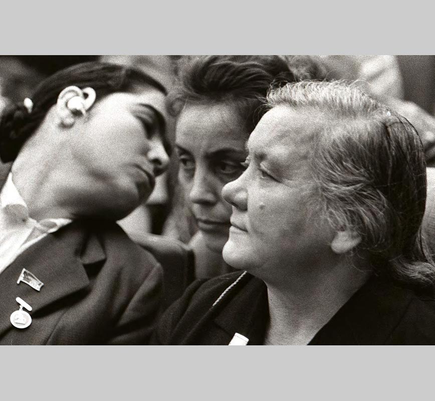 Black and white photograph of three women with medals and earpiece in 1967 in Moscow, USSR. Limited edition print. Title: Women with Medals and Earpiece, Moscow, 1967