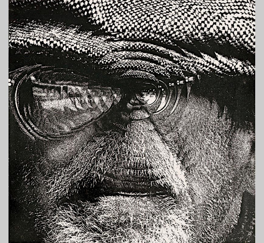 Black and white photograph of a man with a beard and glasses, with optical transformation. Limited edition print. Title: When I'm sixty four, The Beatles Illustrated Lyrics, 1963