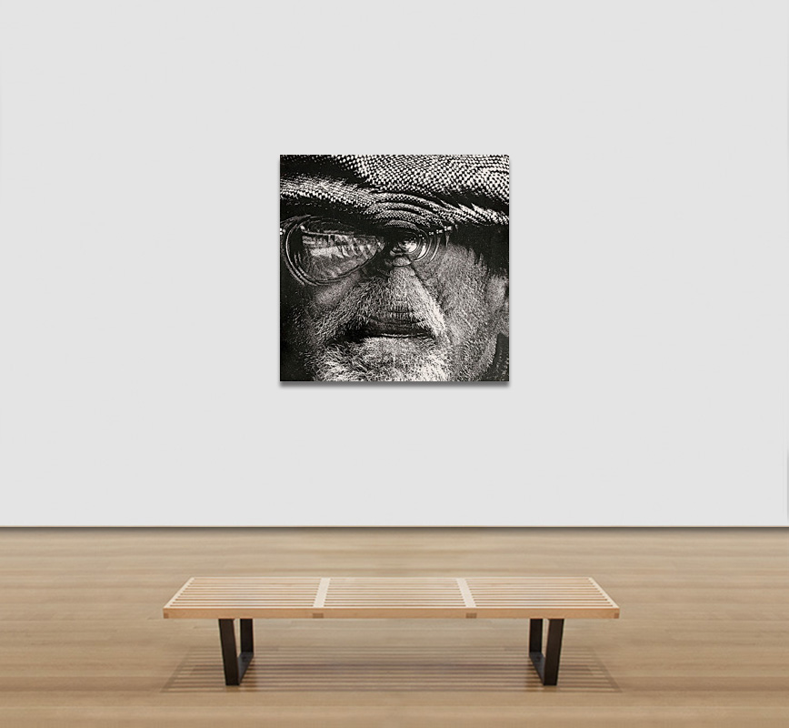 View in a room of a Black and white photograph of a man with a beard and glasses, with optical transformation. Limited edition print. Title: When I'm sixty four, The Beatles Illustrated Lyrics, 1963