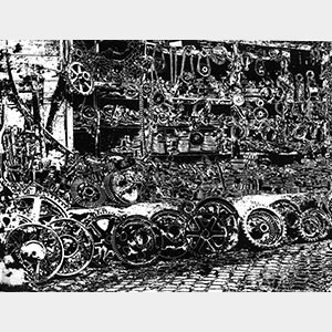 Solarized black and white photograph of cars wheels at the Porta Portese market in Rome, Italy. Limited edition print. Title: Porta Portese, Rome, 1958