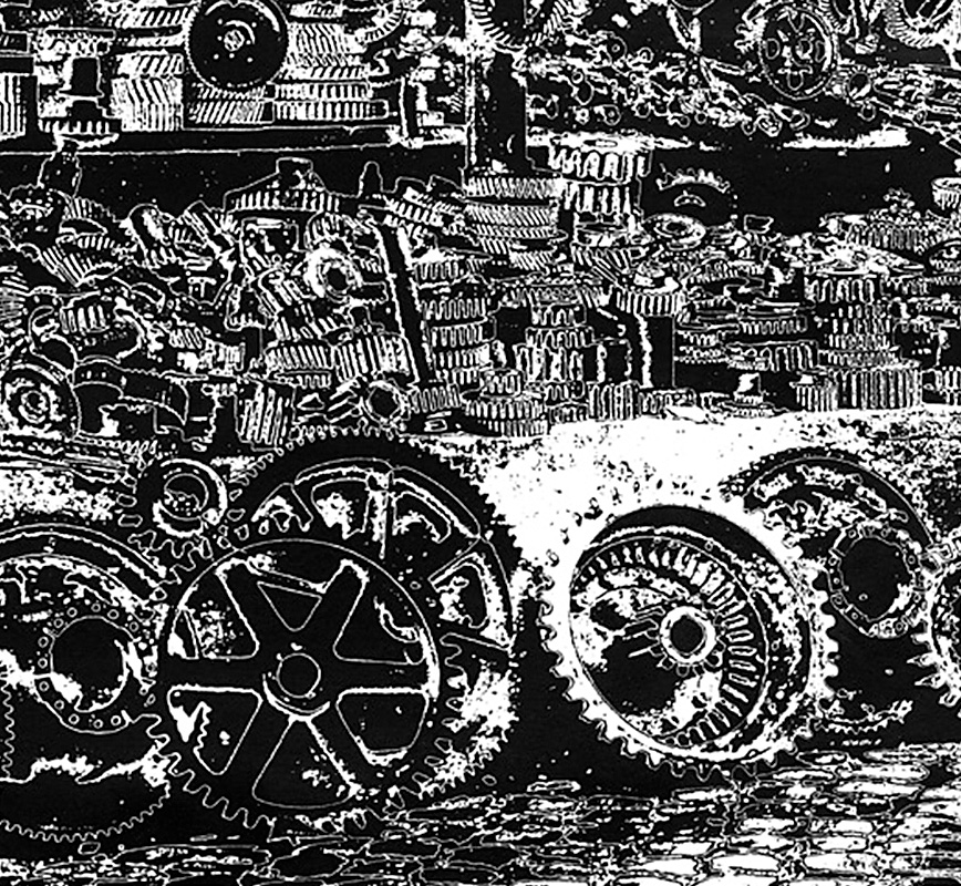 Detail of a pseudo-solarized black and white photograph of car wheels and gears at the Porta Portese market in Rome, Italy, in 1958. Limited edition print. Title: Wheels and Gears, Porta Portese, Rome, 1958