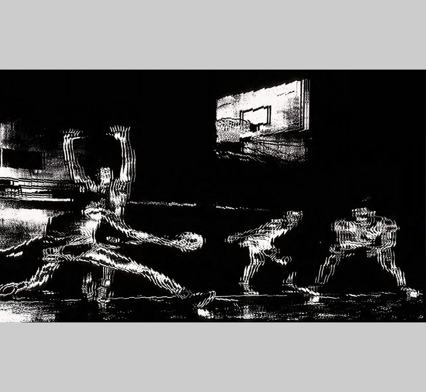Black and white photograph of a basketball game with kinetic effects. Limited edition print. Title: Basketball Game, 1959