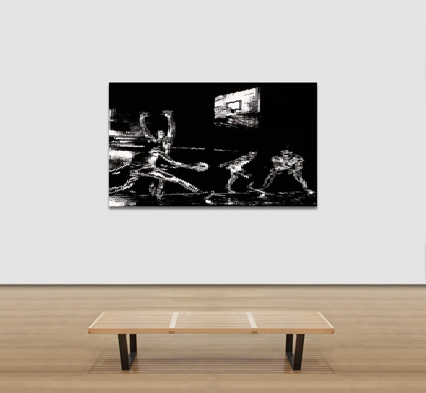 View in a room of a Black and white photograph of a basketball game with kinetic effects. Limited edition print. Title: Basketball Game, 1959
