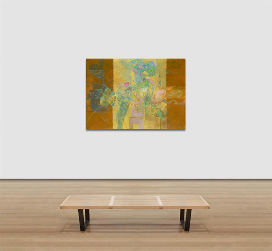View in a room of abstract painting with reference to nature. Mainly rust and beige colors. Title: Jardin Colgante