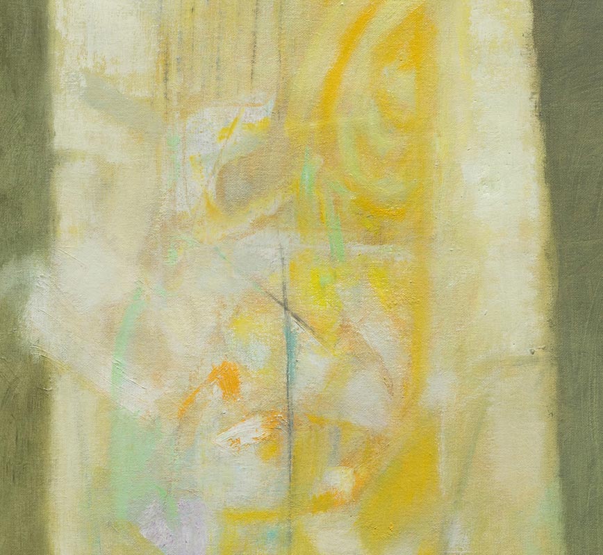 Detail of abstract painting with reference to nature. Mainly green and yellow colors. Title: Vitrales Amarillo 4