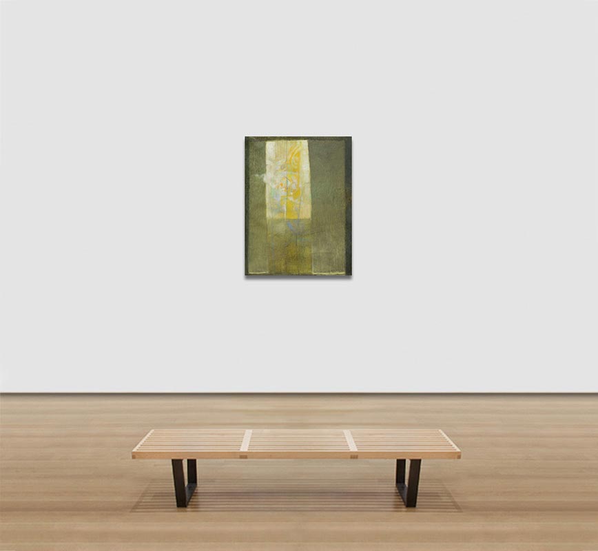 View in a room of abstract painting with reference to nature. Mainly green and yellow colors. Title: Vitrales Amarillo 4