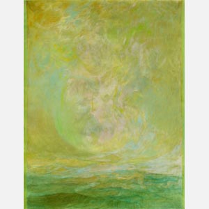 Abstract painting with reference to nature. Mainly green and yellow colors. Title: El Primer Dia