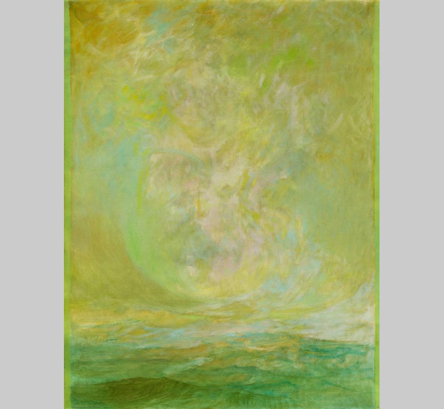 Abstract painting with reference to nature. Mainly green and yellow colors. Title: El Primer Dia