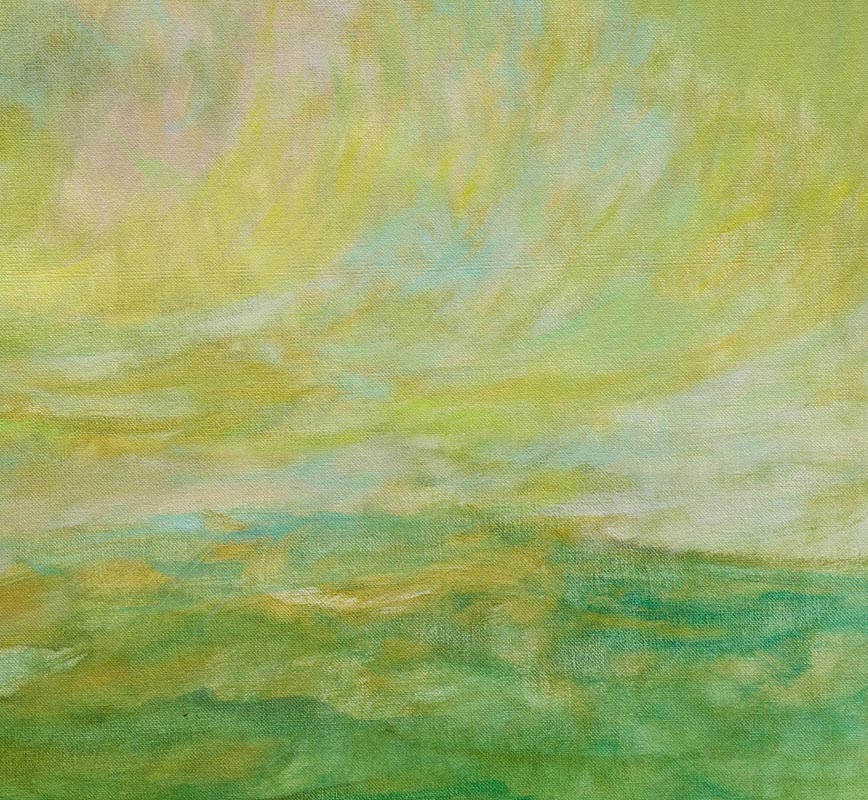 Detail of abstract painting with reference to nature. Mainly green and yellow colors. Title: El Primer Dia