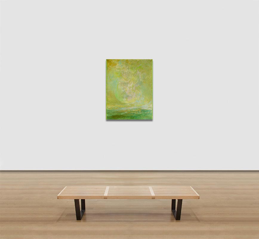 View in a room of abstract painting with reference to nature. Mainly green and yellow colors. Title: El Primer Dia