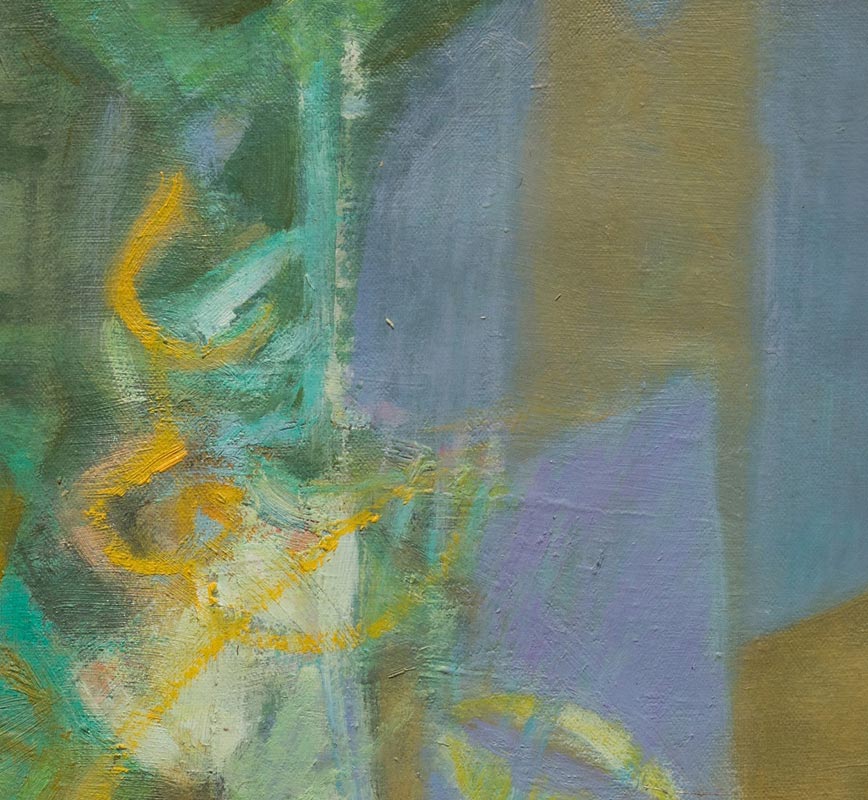 Detail of abstract painting with reference to nature. Mainly green and purple colors. Title: Nocturno I